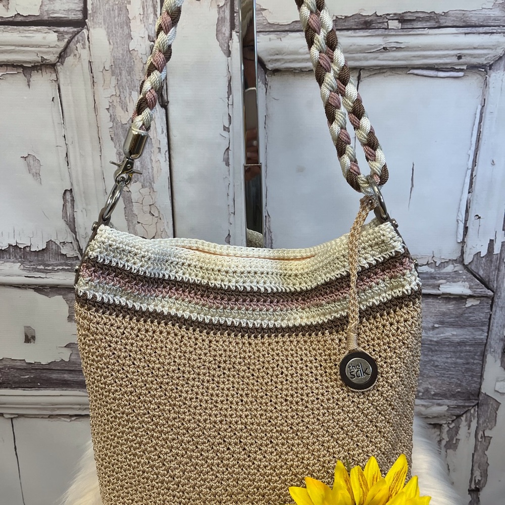 The Sak Tan/Pink Stripe Crochet Shoulder Bag